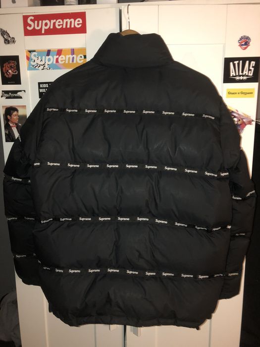 Supreme tape hot sale logo puffer jacket