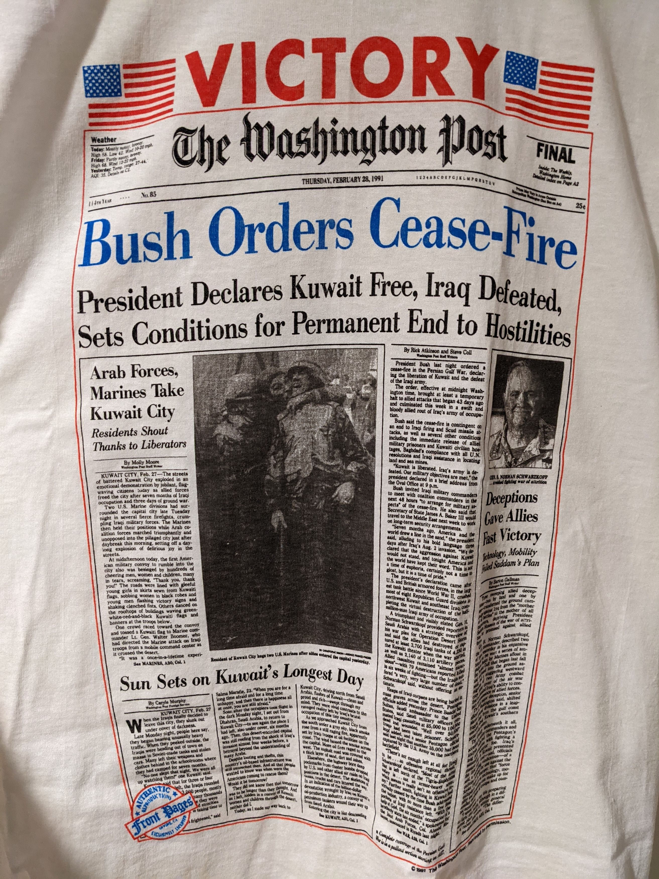 Vintage Vintage 1991 The Washington Post Bush Orders Cease Fire Tee Size US M / EU 48-50 / 2 - 2 Thumbnail