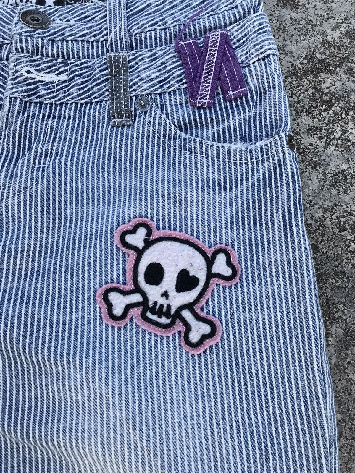 Japanese Brand COLZA Skulls Patchwork Jeans Double Waisted Striped Denim Size US 29 - 4 Thumbnail