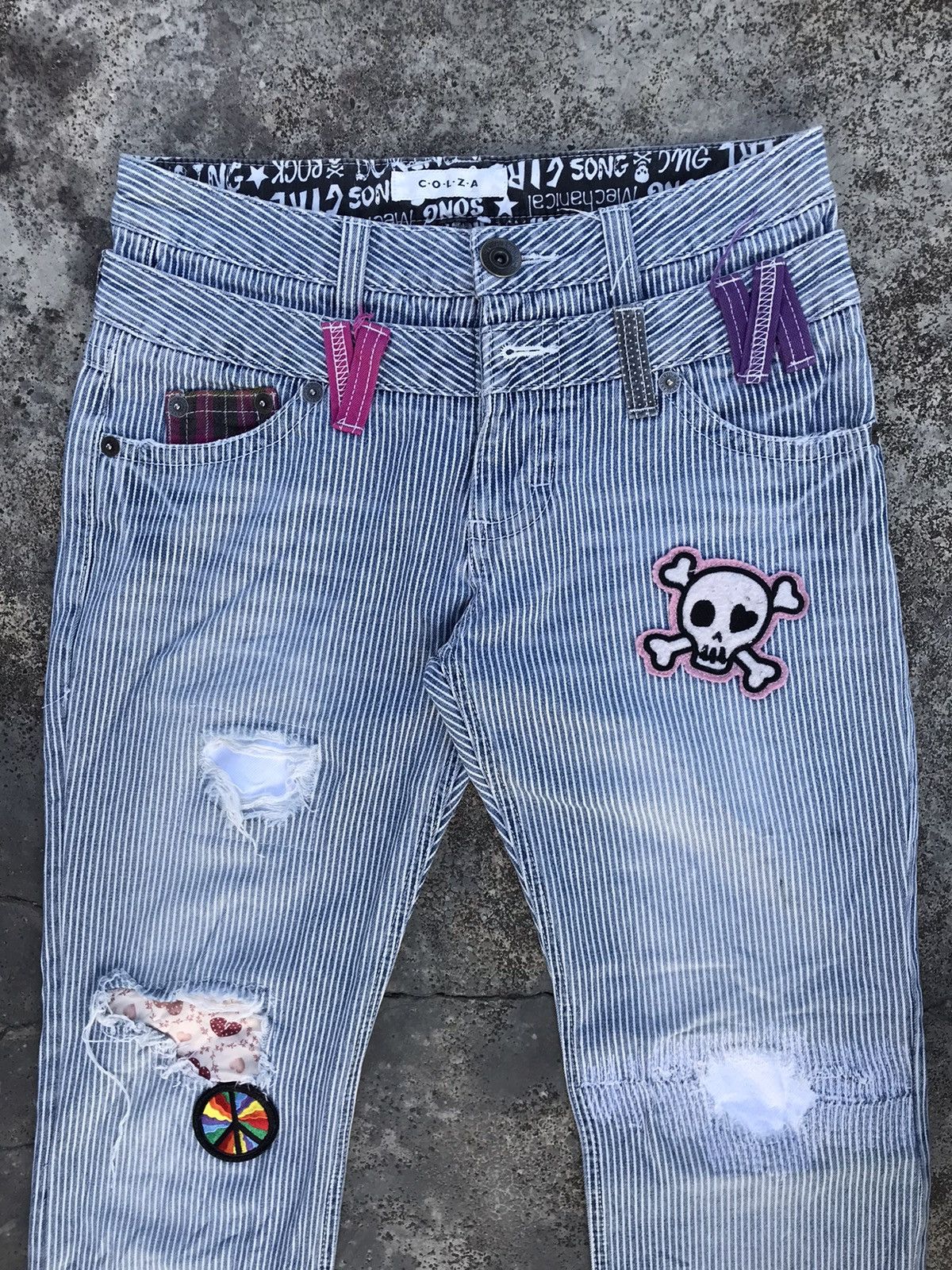 Japanese Brand COLZA Skulls Patchwork Jeans Double Waisted Striped Denim Size US 29 - 3 Thumbnail