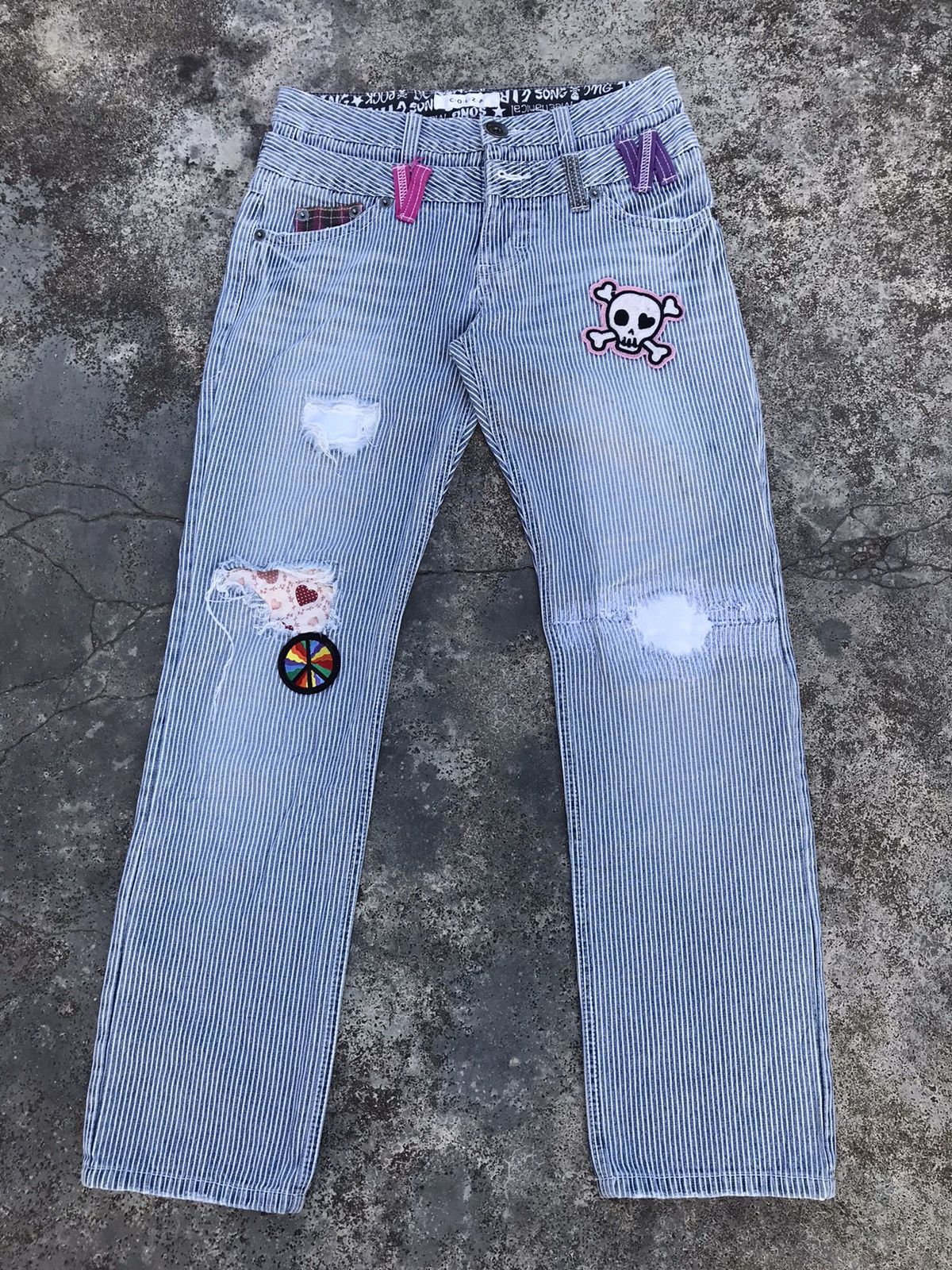 Japanese Brand COLZA Skulls Patchwork Jeans Double Waisted Striped Denim Size US 29 - 1 Thumbnail