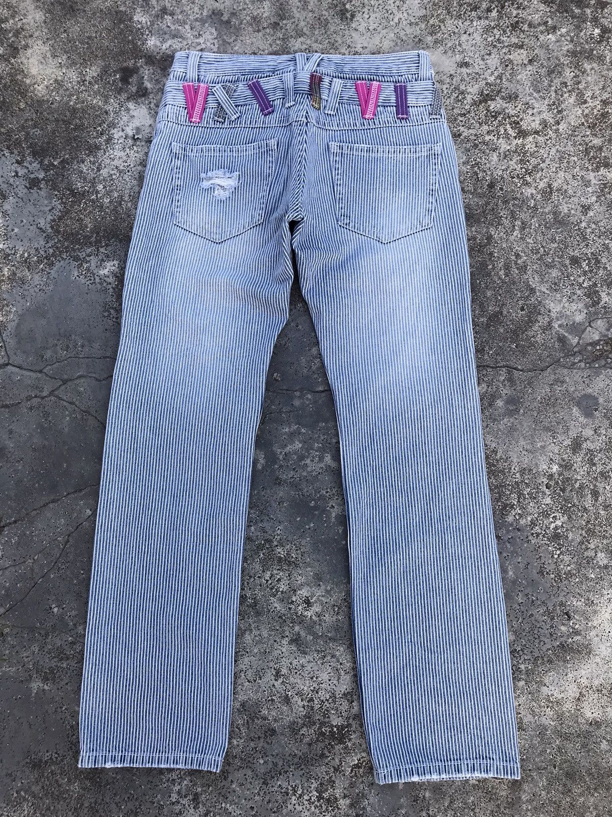 Japanese Brand COLZA Skulls Patchwork Jeans Double Waisted Striped Denim Size US 29 - 2 Thumbnail