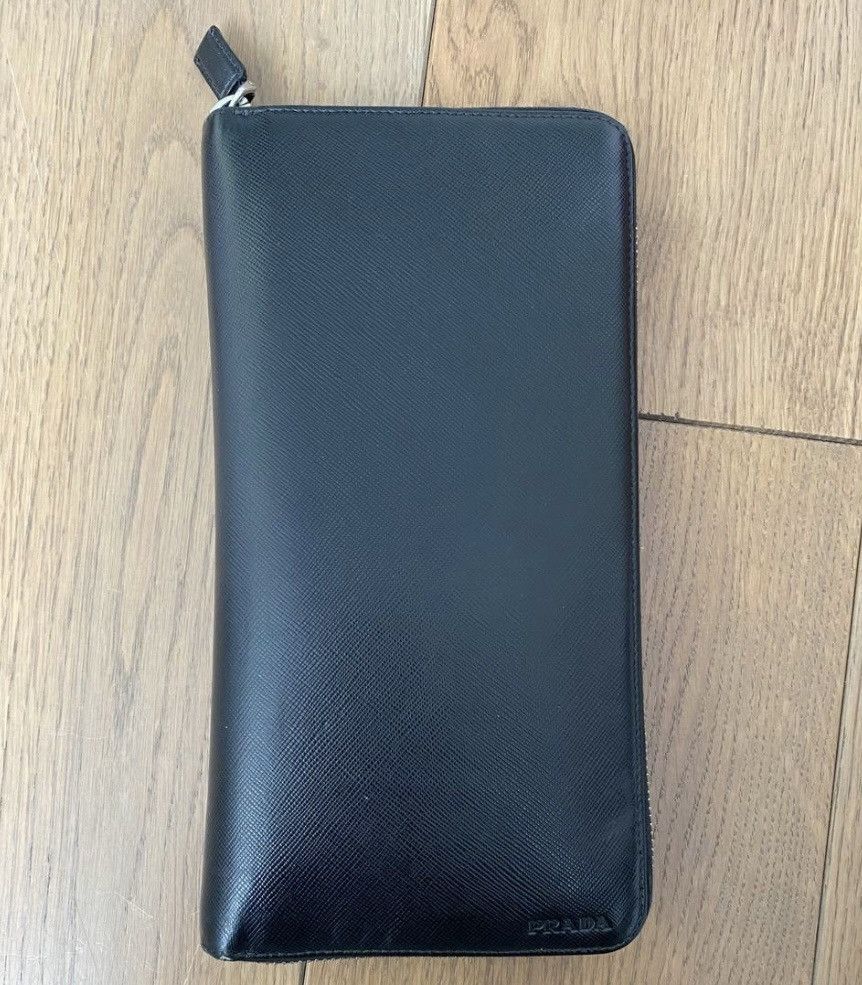 image of Prada Leather Zip Around Wallet in Black, Men's