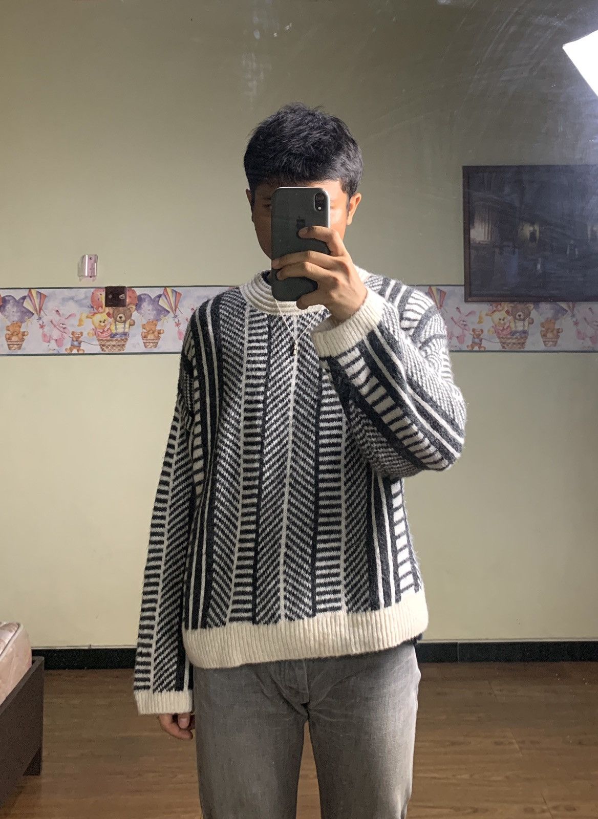image of Comme Des Garcons Ad 2001 Tricot Wool Patterned Sweater in Black White, Men's (Size Medium)