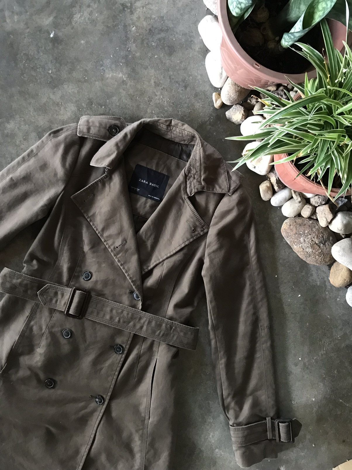 image of Vintage Zara Basic Trench Coat Army Green, Men's (Size Small)