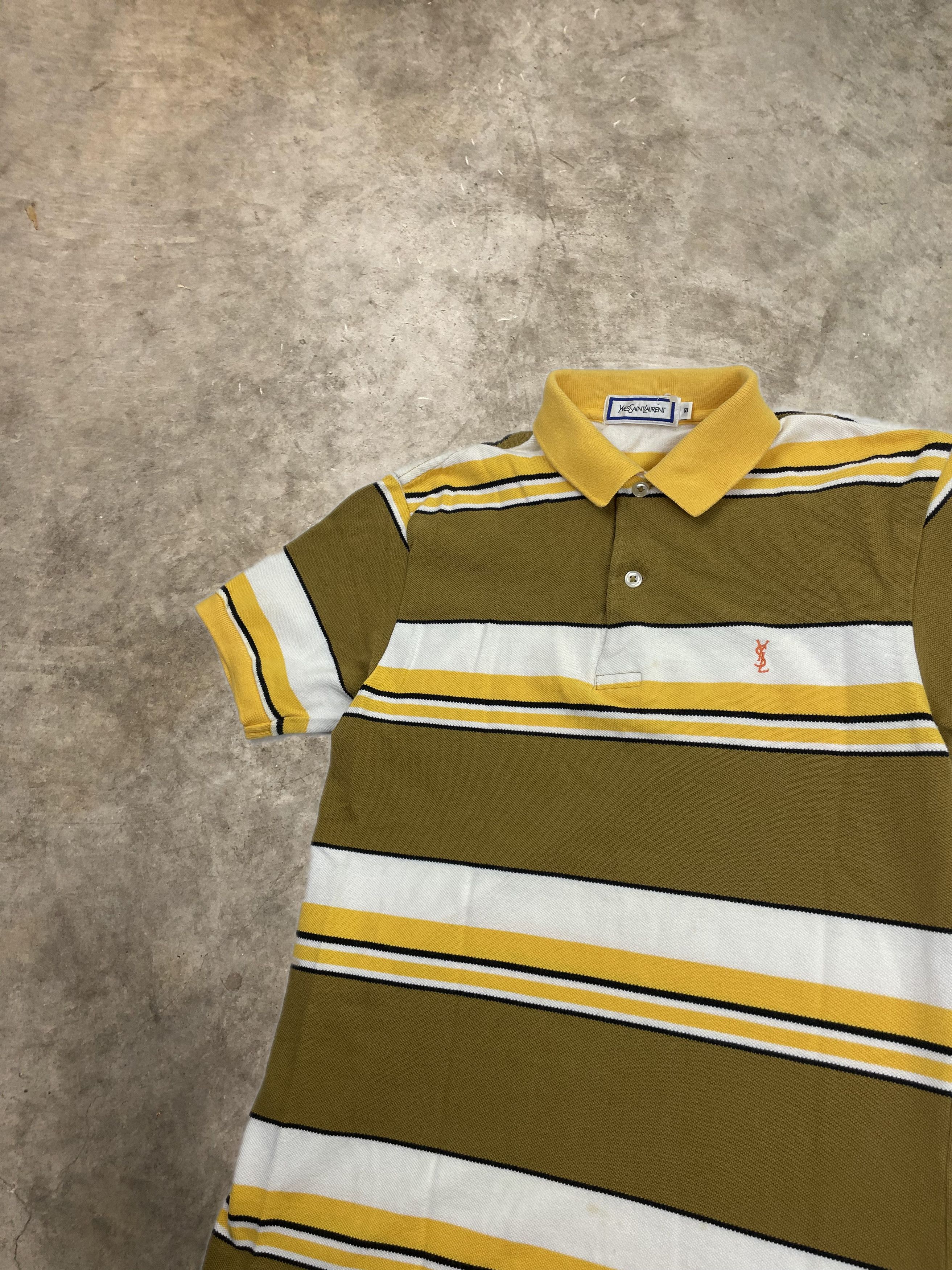 Vintage YSL Polo Shirt Striped Multicolor Designer Mustard