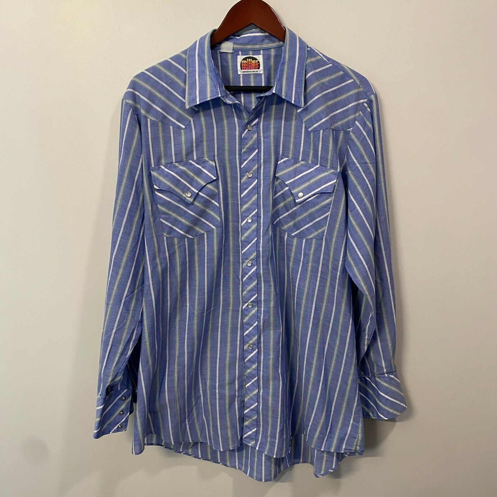 Chemise Vintage Miller Western Wear – Bleue, Broderie Perle, Snap, Taille 15/33