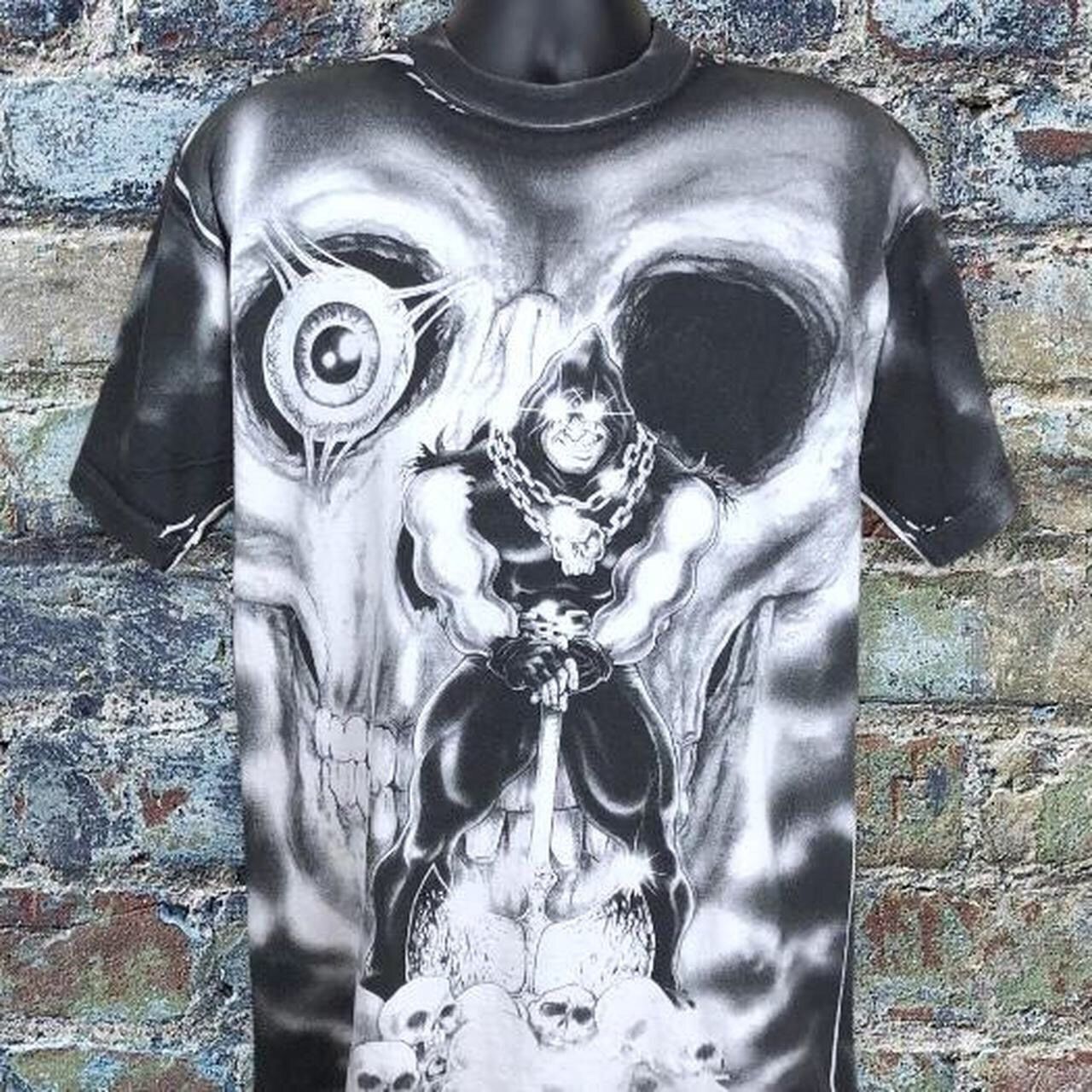 Vintage 90s SJM Executioner Skull All Over Print Tee T-Shirt