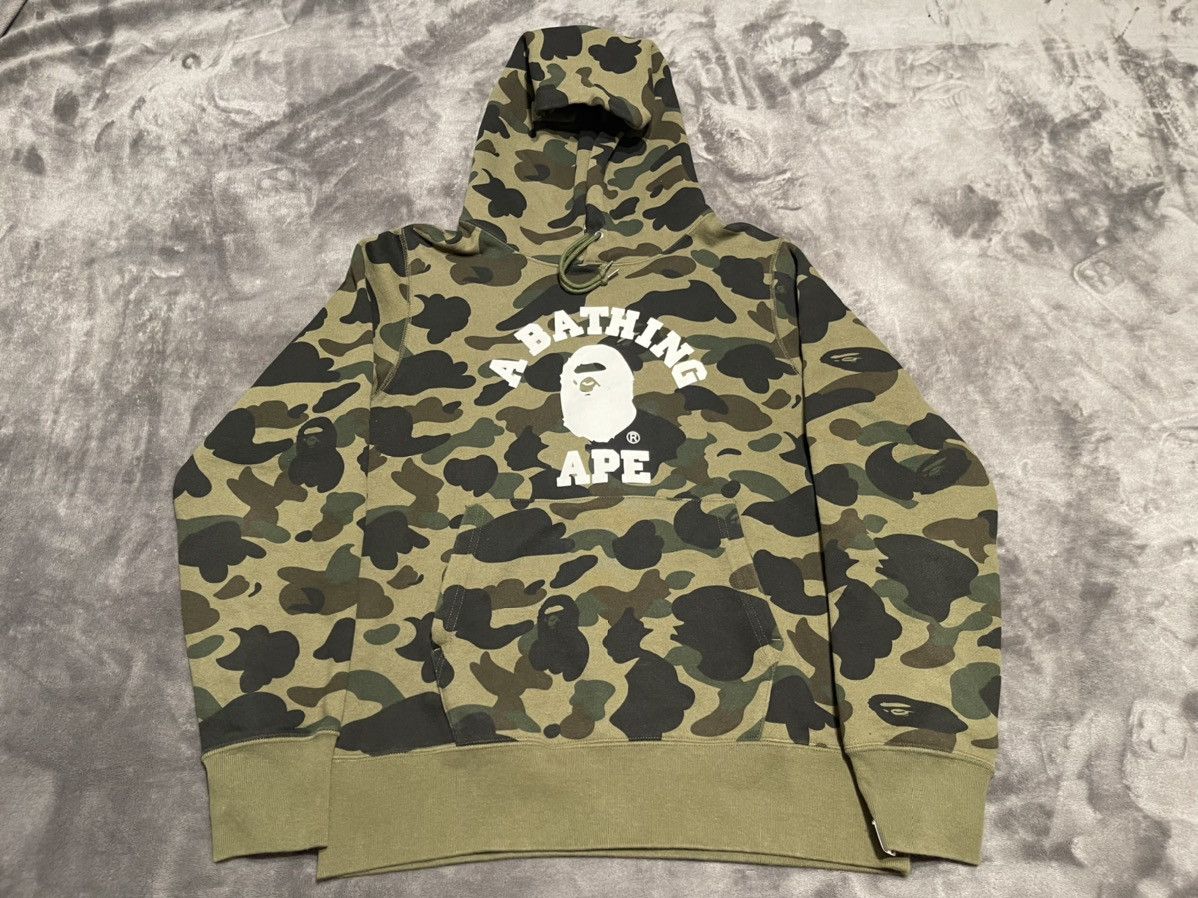 image of Bape 1St Camo College Pullover Hoodie in Green, Men's (Size Small)