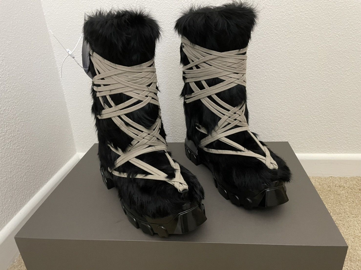 Rick Owens Megalace Lunar boots in black polished pony fur Grailed