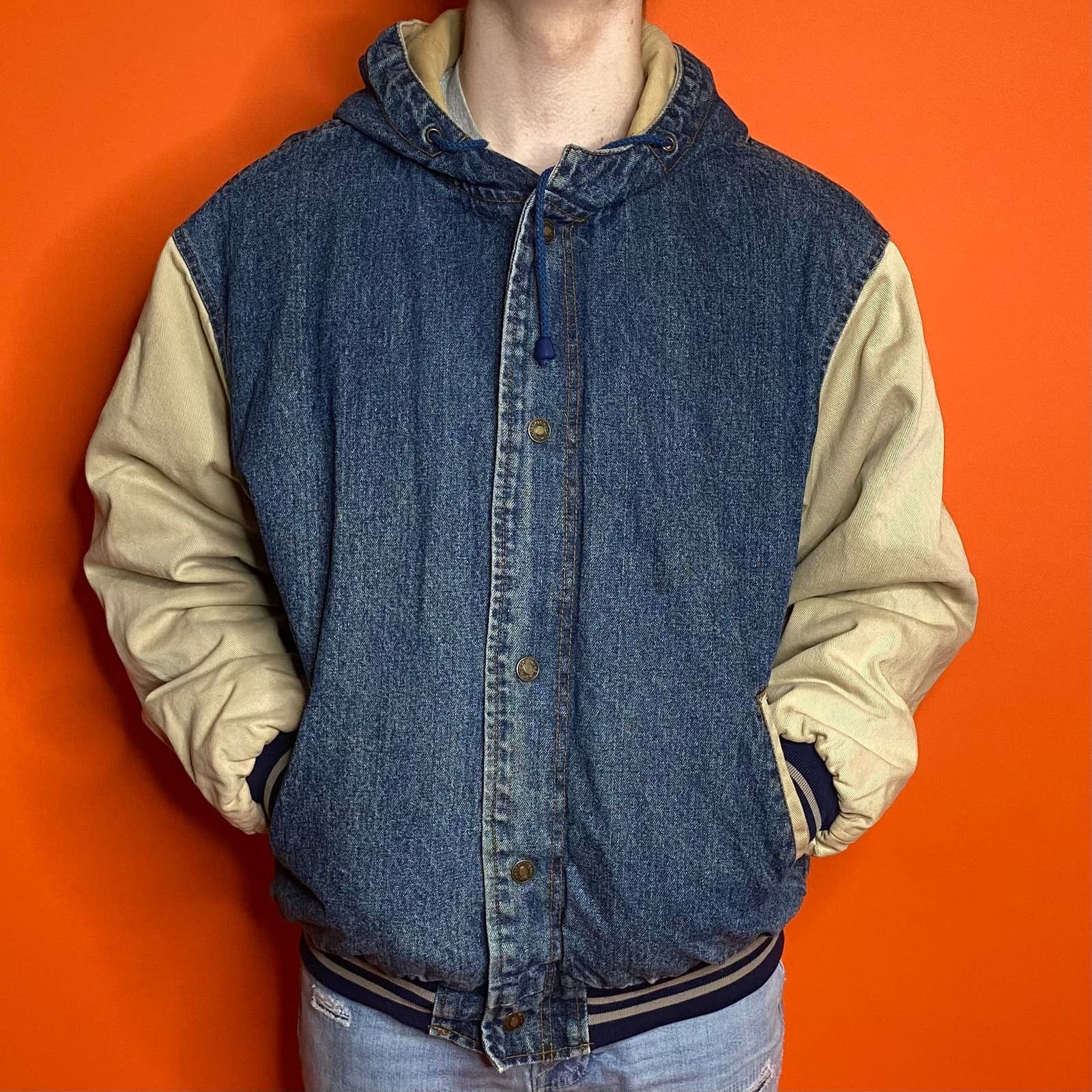 Vintage Vintage Todays News Denim Varsity Jacket Faux Leather 1990s