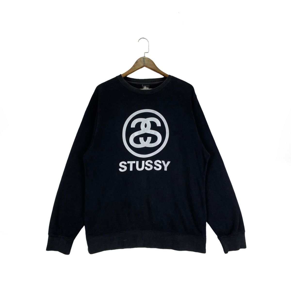image of Vintage Stussy Ss Link Big Logo Black Sweatshirt Crewneck, Men's (Size Large)