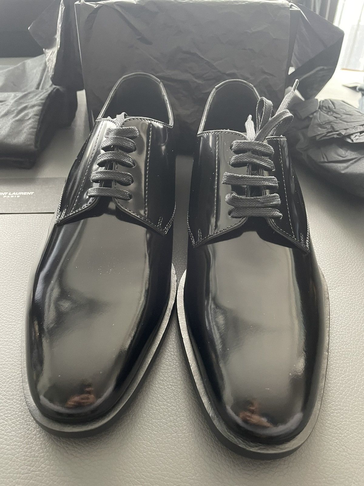 Hedi Slimane × Saint Laurent Paris × Yves Saint Laurent Super Rare 2015 Runway HEDI Le Smoking Derby Leather Shoes Size US 6 / EU 39 - 6 Thumbnail