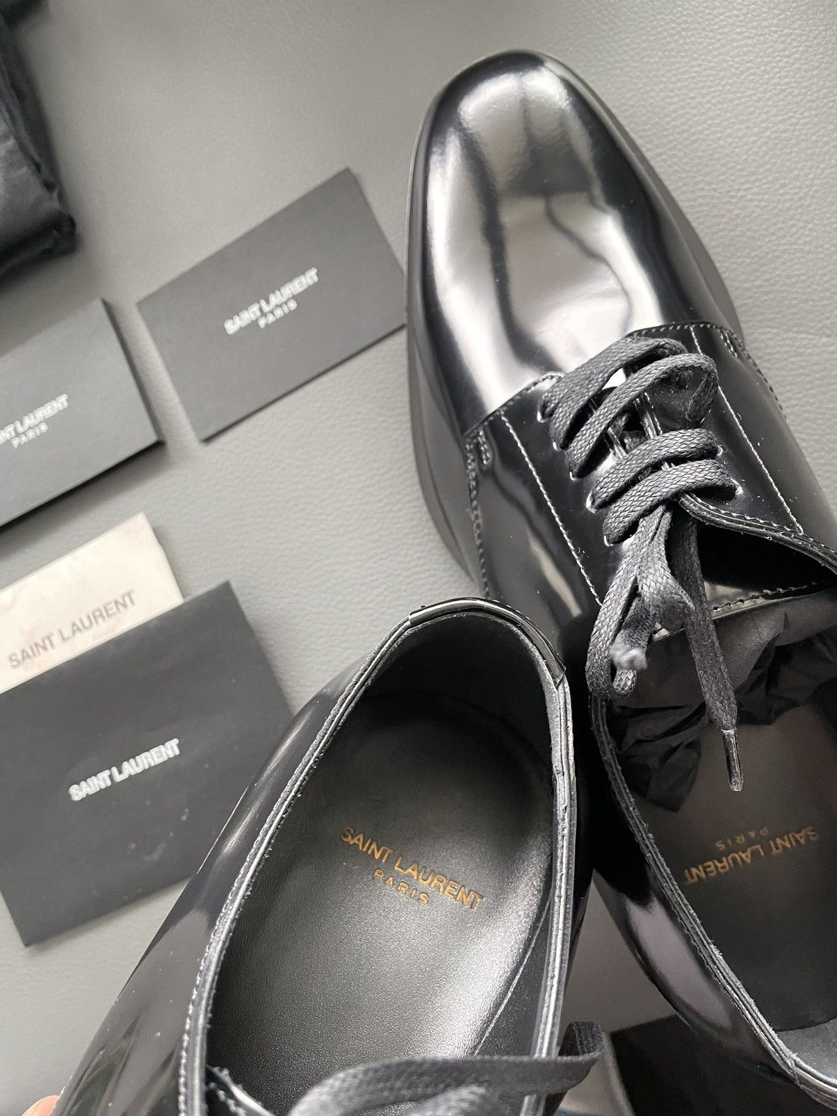 Hedi Slimane × Saint Laurent Paris × Yves Saint Laurent Super Rare 2015 Runway HEDI Le Smoking Derby Leather Shoes Size US 6 / EU 39 - 13 Thumbnail