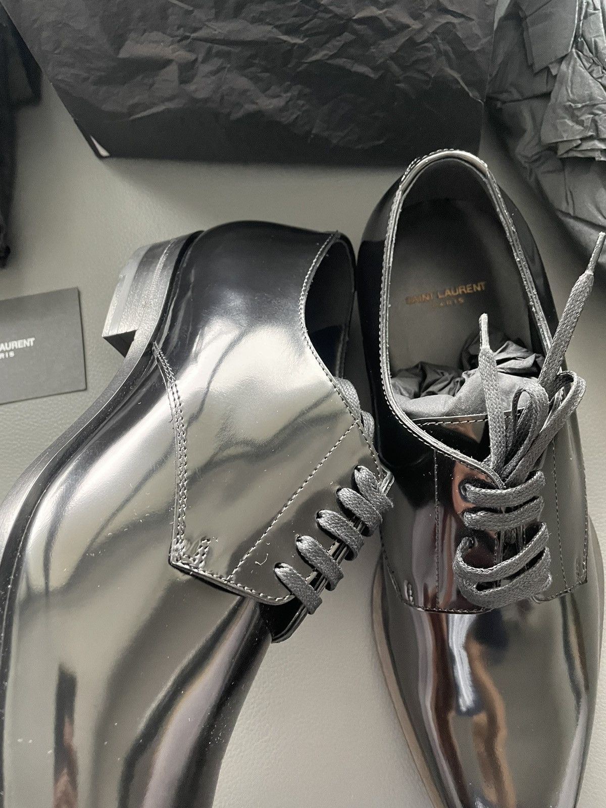 Hedi Slimane × Saint Laurent Paris × Yves Saint Laurent Super Rare 2015 Runway HEDI Le Smoking Derby Leather Shoes Size US 6 / EU 39 - 16 Thumbnail