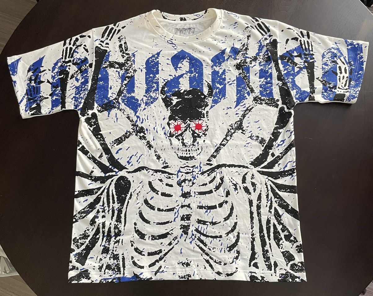 Blue skeleton all over print shirt