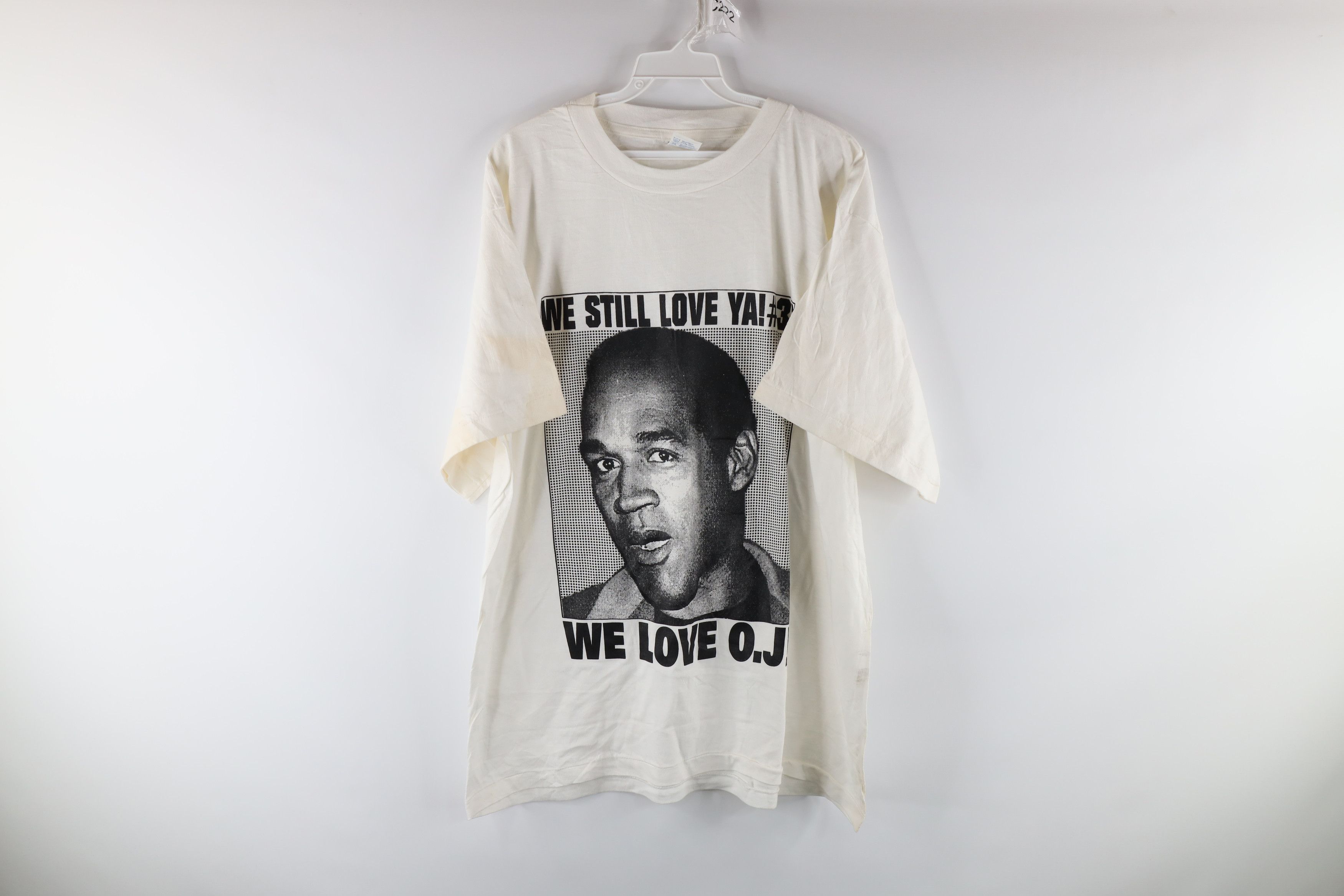 image of Vintage 90's Oj Simpson Trial We Love Oj Face T-Shirt White, Men's (Size XL)