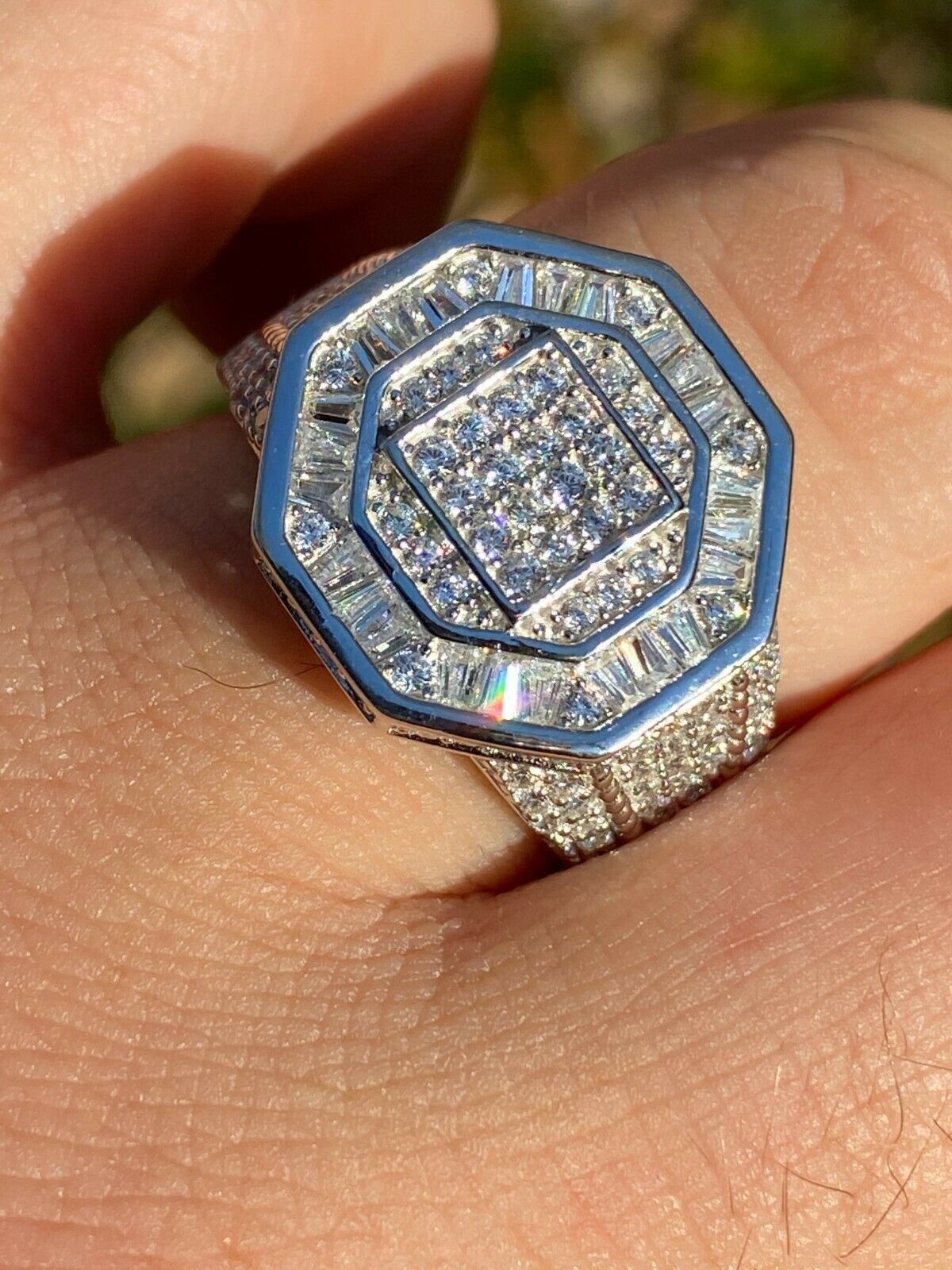 Solid 925 Silver Octagonal RING Iced Pinky Baguette Diamond