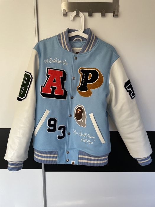 Bape Bape crazy patch varsity jacket sax | Grailed