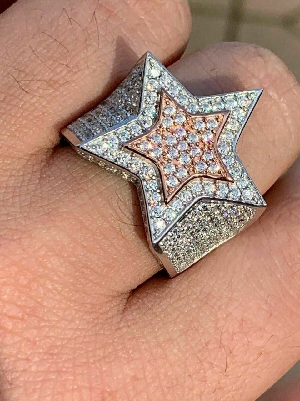 3D STAR Solid Rose Gold 925 Silver Diamond Pinky RING Icy