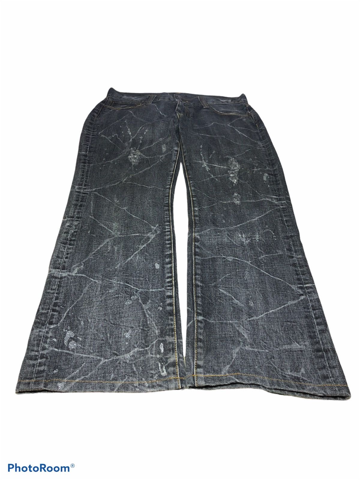 Japanese Brand SPINACH BIG LOGO SILVER PAINT SPLATTER DENIM Size US 33 - 3 Thumbnail