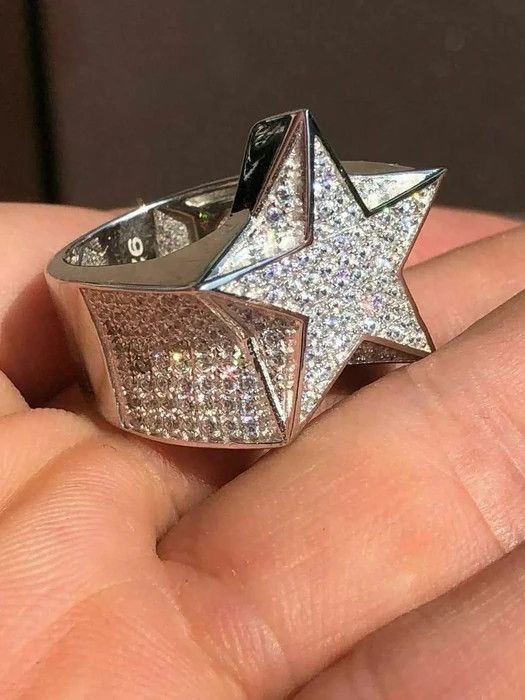 Solid 925 Silver Rapper 3d Star Diamond Pinky Ring Pinky