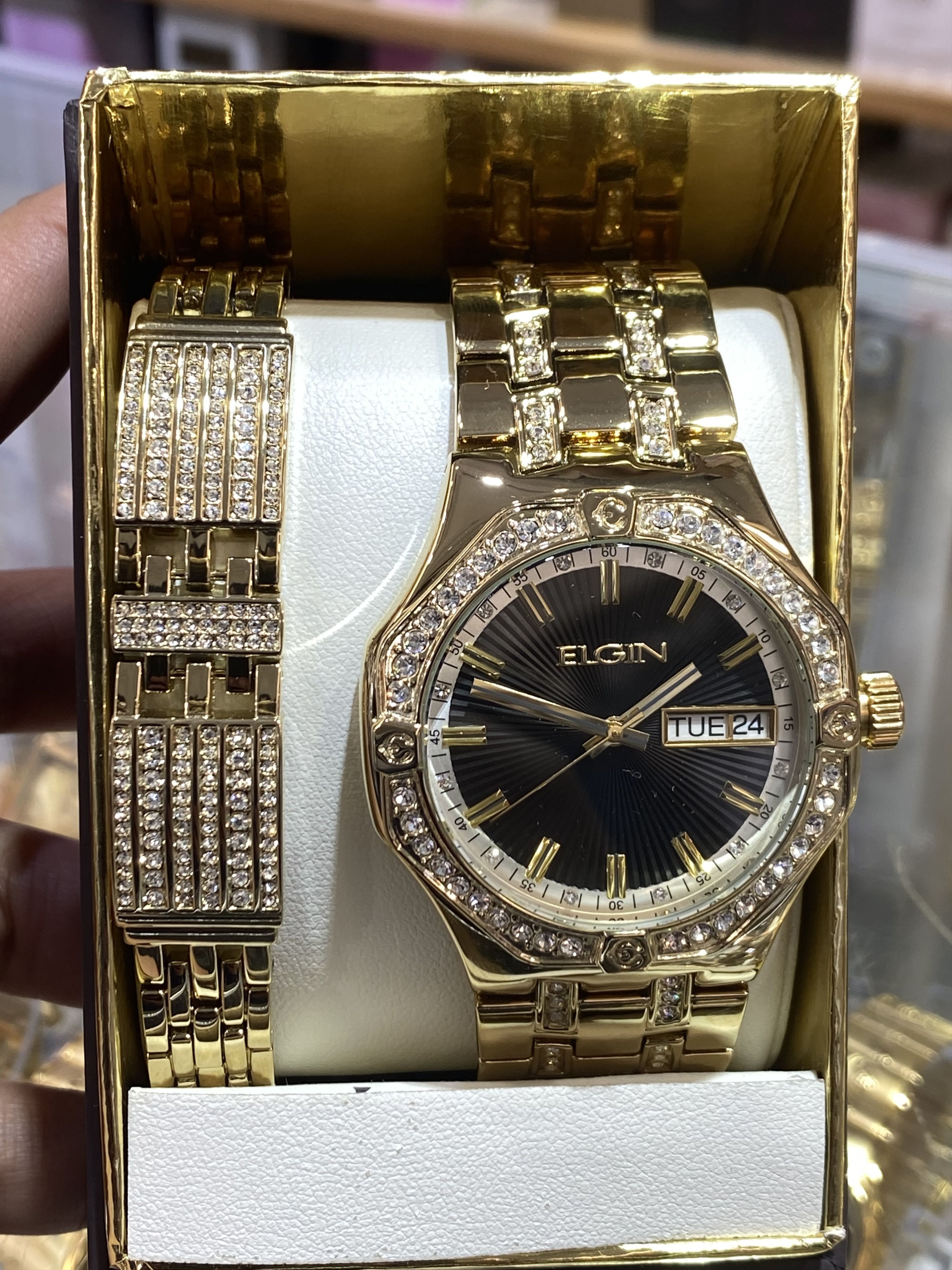 Gold Bracelets Men's Elgin Watch And Bracelet Set Ellzen