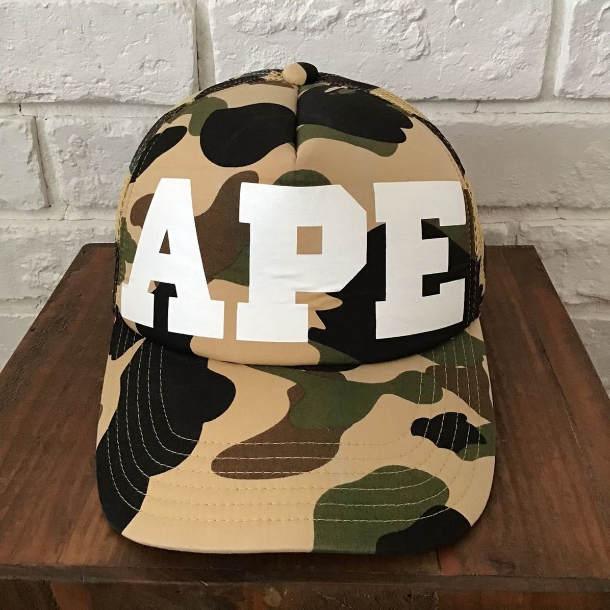 Bape BAPE APE logo trucker hat mesh cap 1st camo yellow ★ Size ONE SIZE - 1 Thumbnail