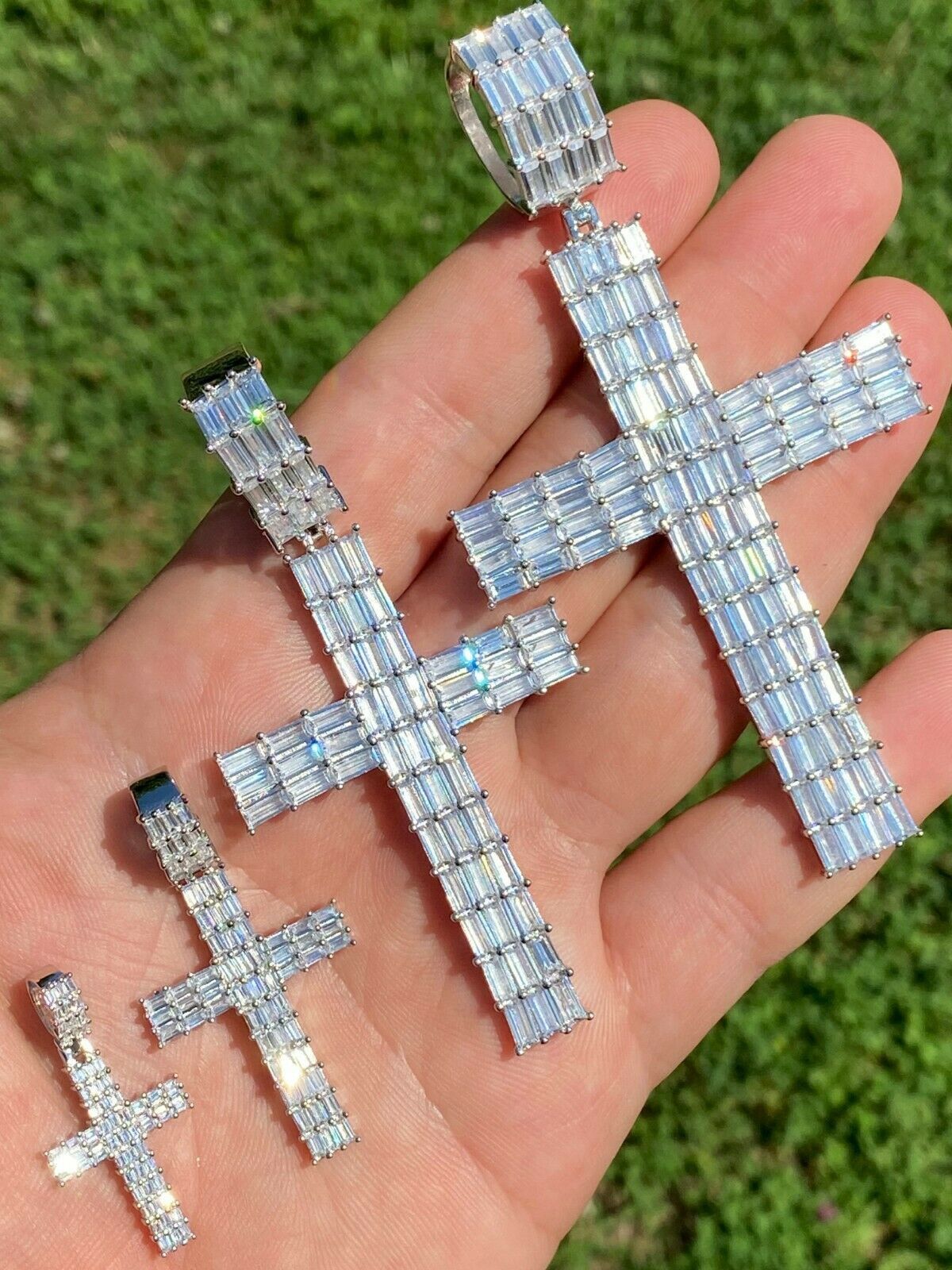 925 Sterling Silver Cross Pendant Baguette Necklace Hip-Hop