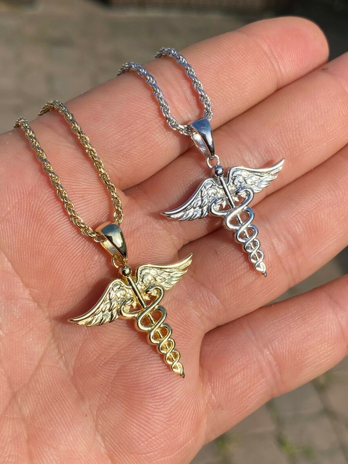 Silver Gold Caduceus Pendant Healthcare Worker Nurse Doctor