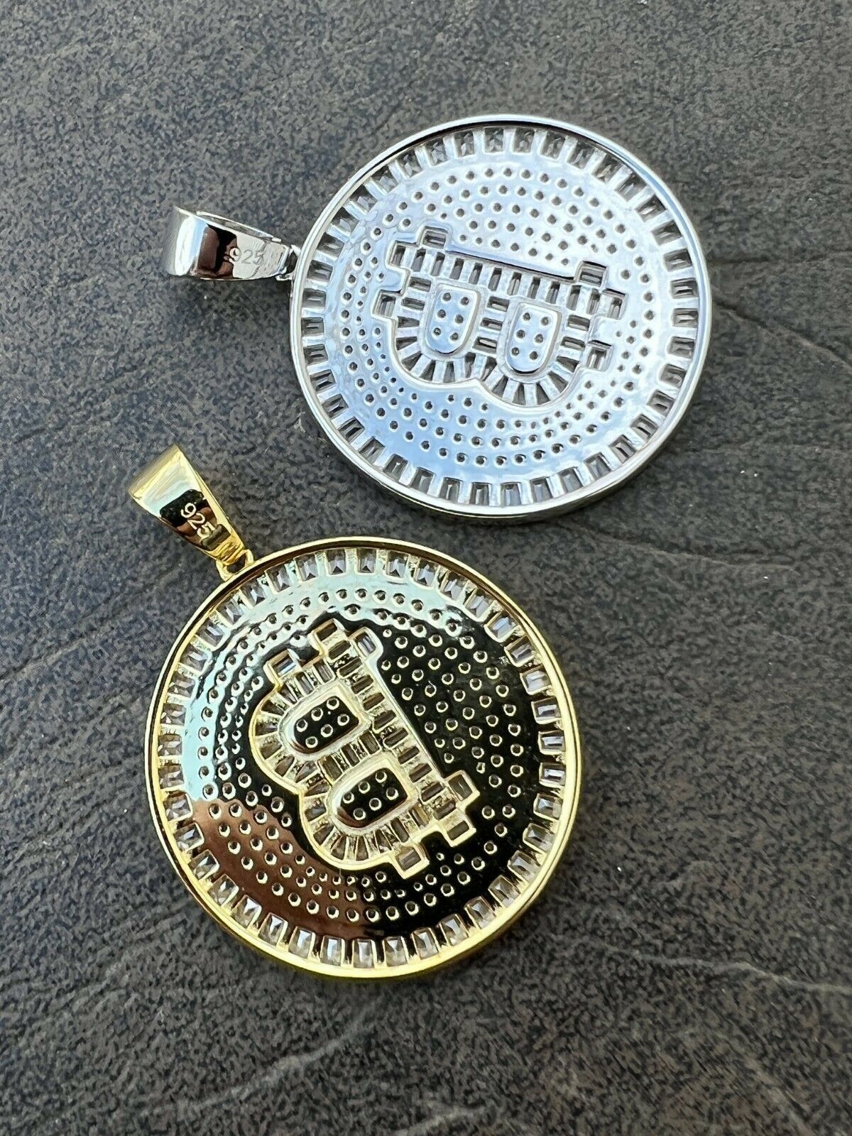 925 Silver /14K Gold Bling Out BITCOIN Big Pendant Necklace Jewelry Watches
