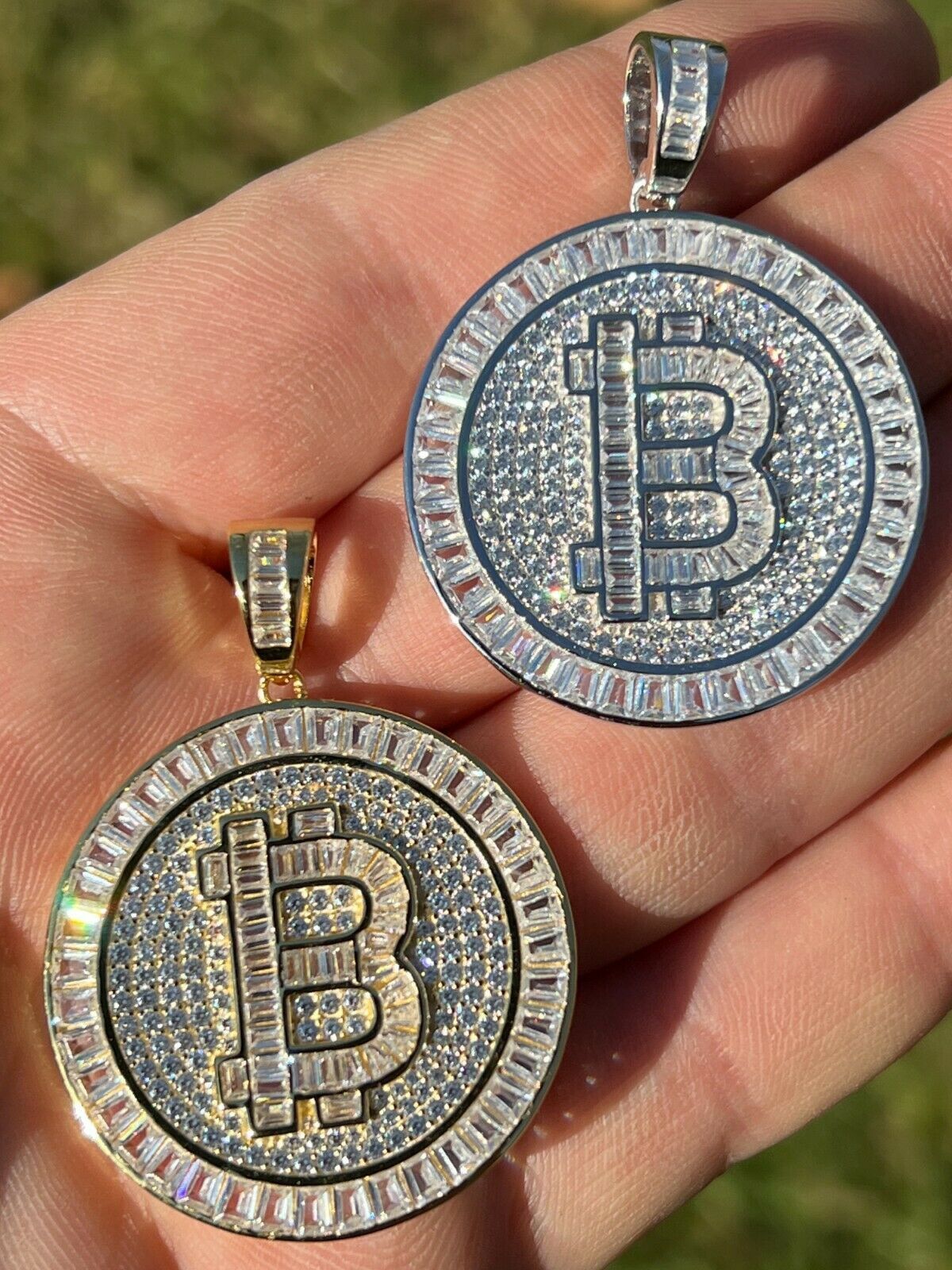 925 Silver /14K Gold Bling Out BITCOIN Big Pendant Necklace