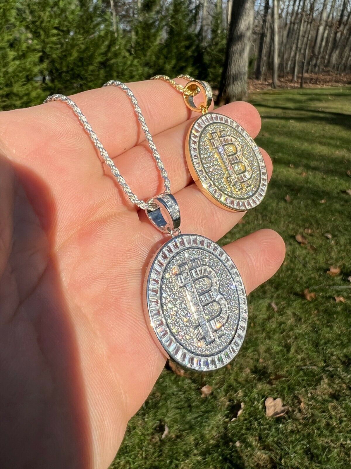 925 Silver /14K Gold Bling Out BITCOIN Big Pendant Necklace