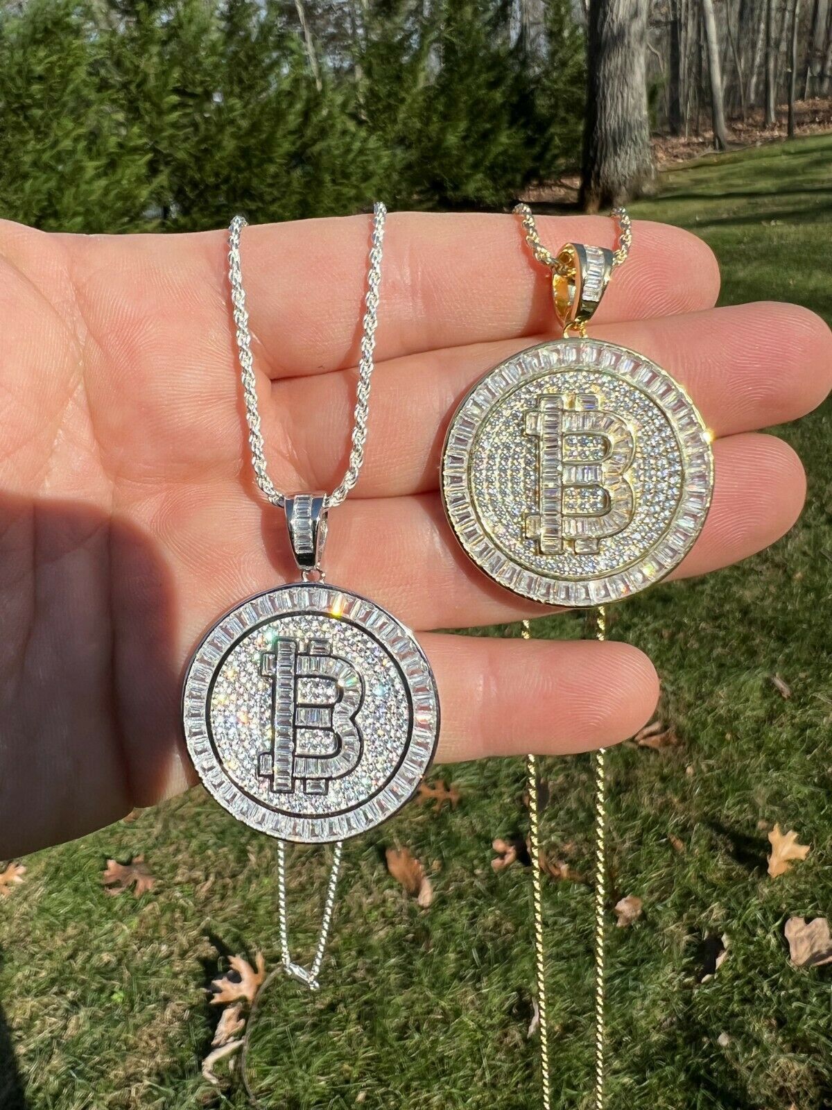 925 Silver /14K Gold Bling Out BITCOIN Big Pendant Necklace