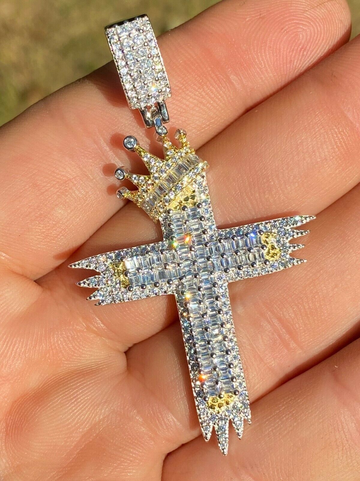 Sterling Silver Large Men's Cross W. Crown Pendant Diamond