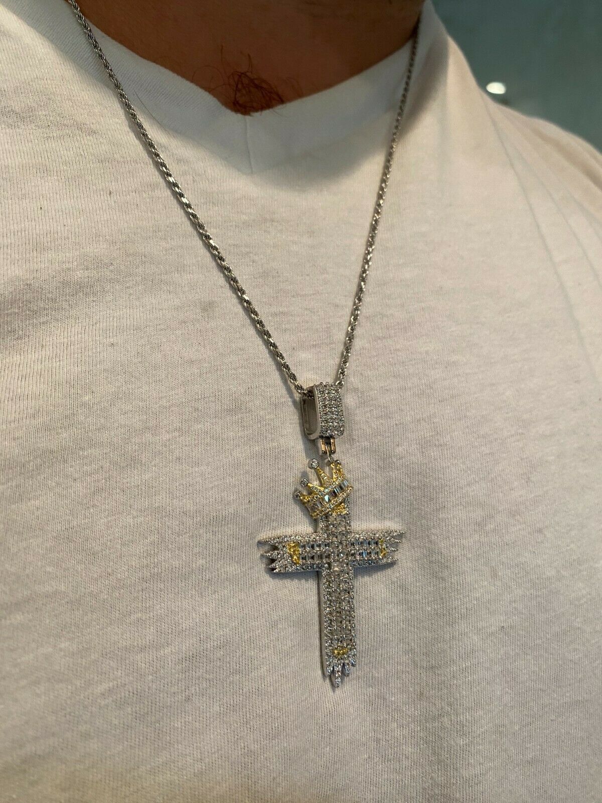 Sterling Silver Large Men's Cross W. Crown Pendant Diamond