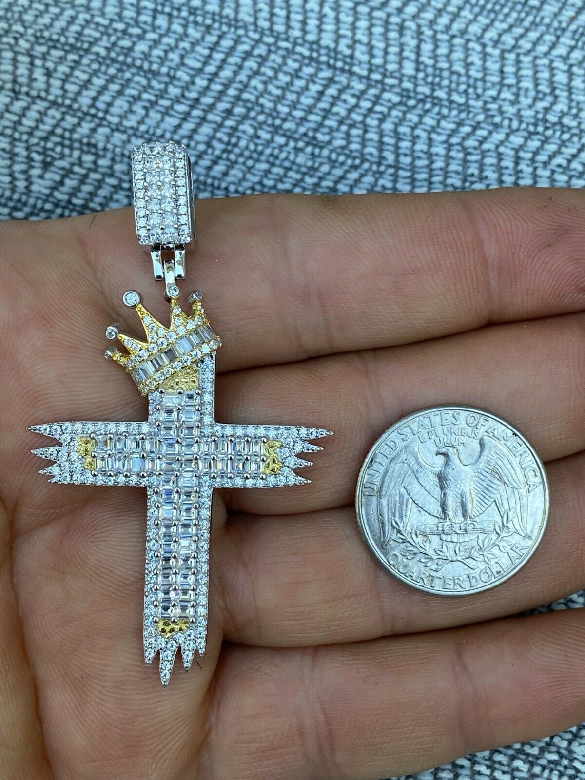 Sterling Silver Large Men's Cross W. Crown Pendant Diamond