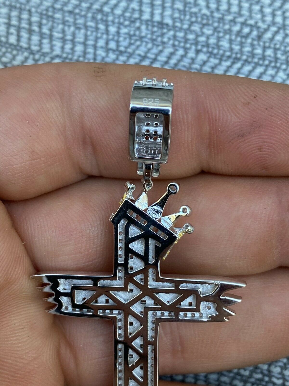 Sterling Silver Large Men's Cross W. Crown Pendant Diamond