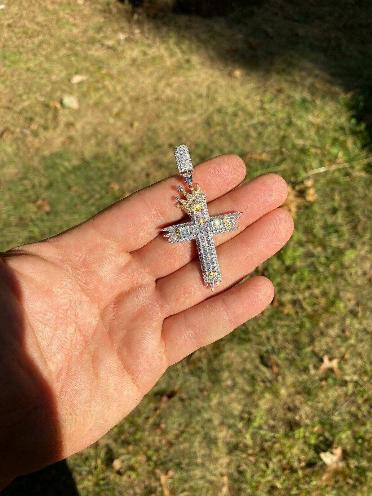Sterling Silver Large Men's Cross W. Crown Pendant Diamond