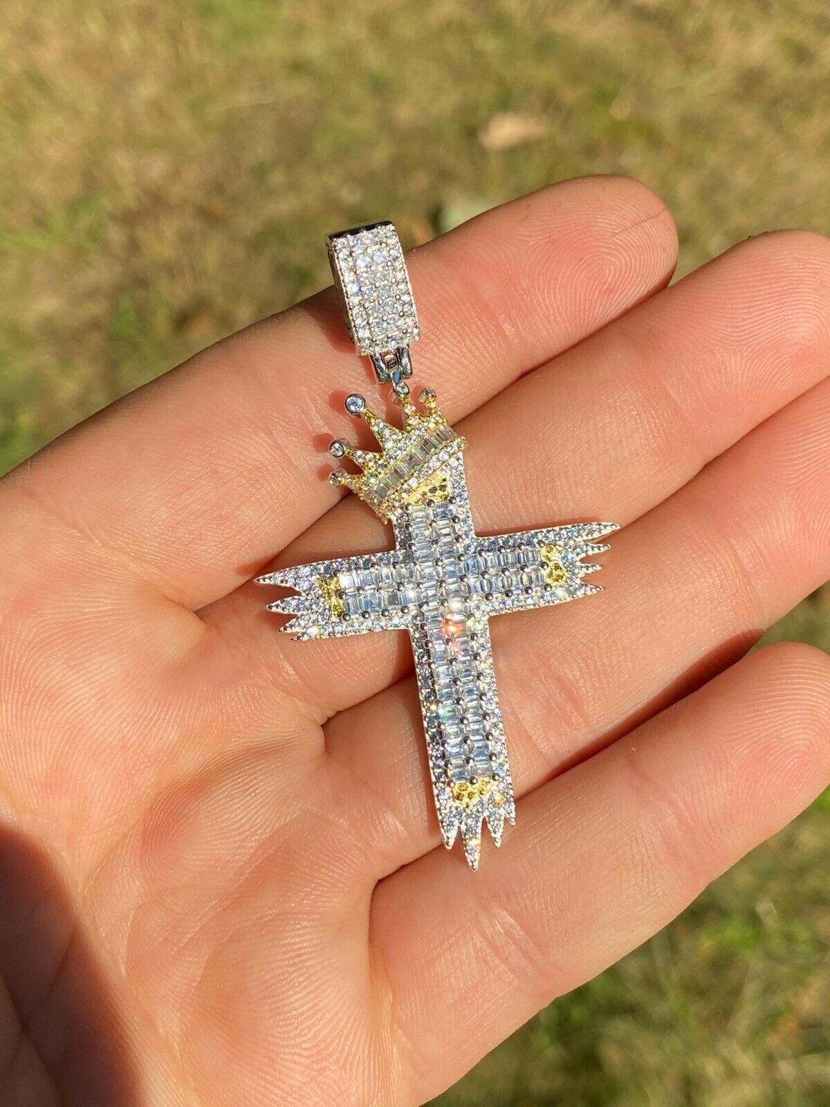 Sterling Silver Large Men's Cross W. Crown Pendant Diamond