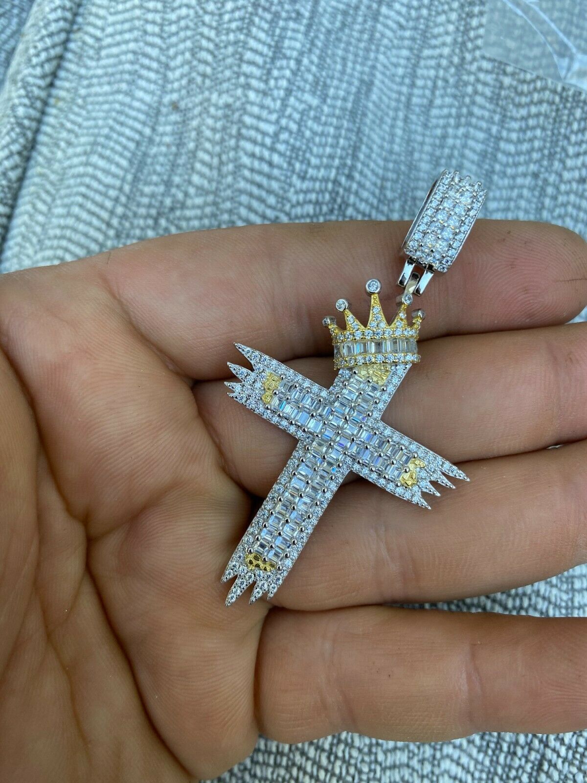 Sterling Silver Large Men's Cross W. Crown Pendant Diamond