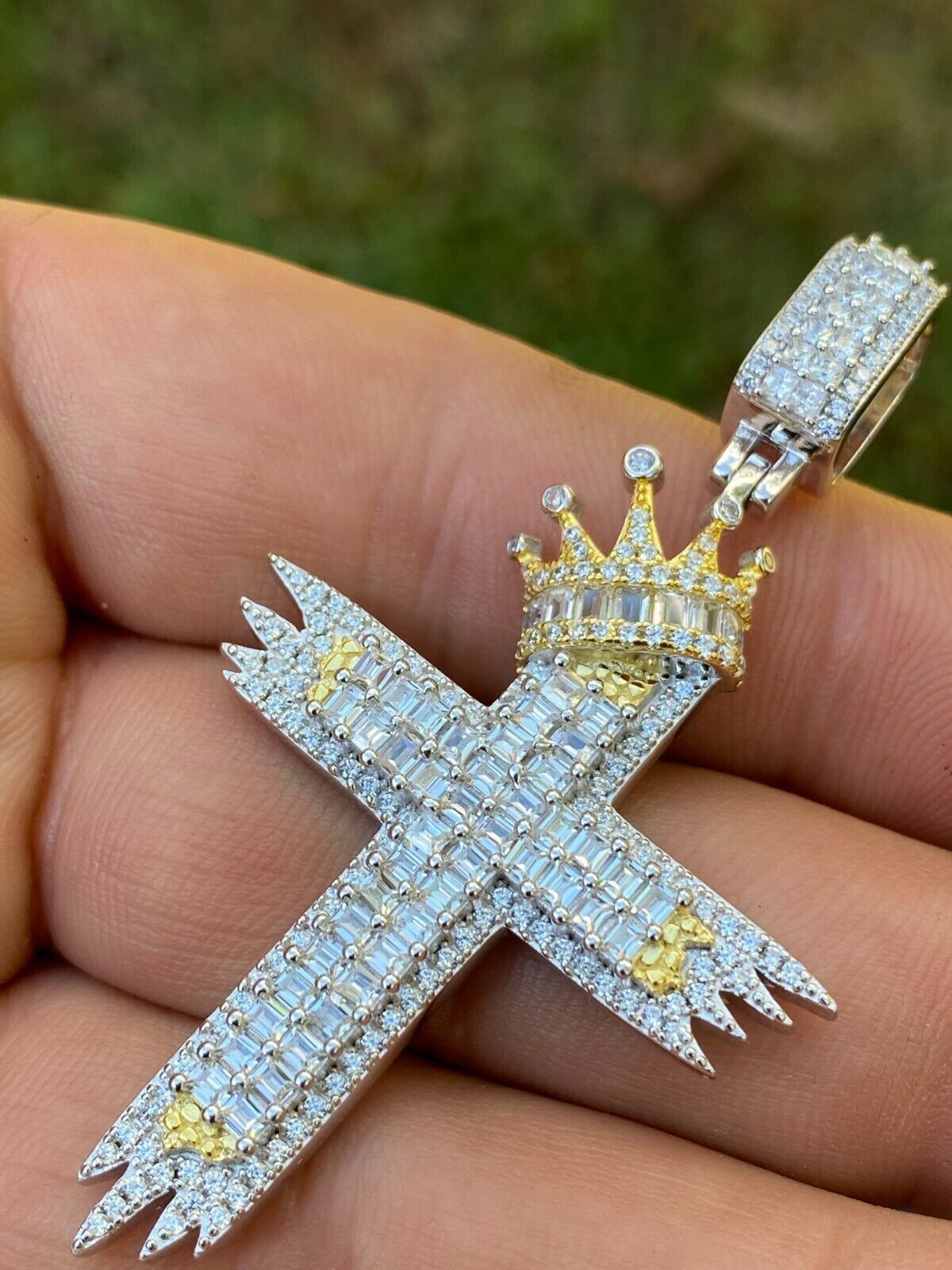Sterling Silver Large Men's Cross W. Crown Pendant Diamond