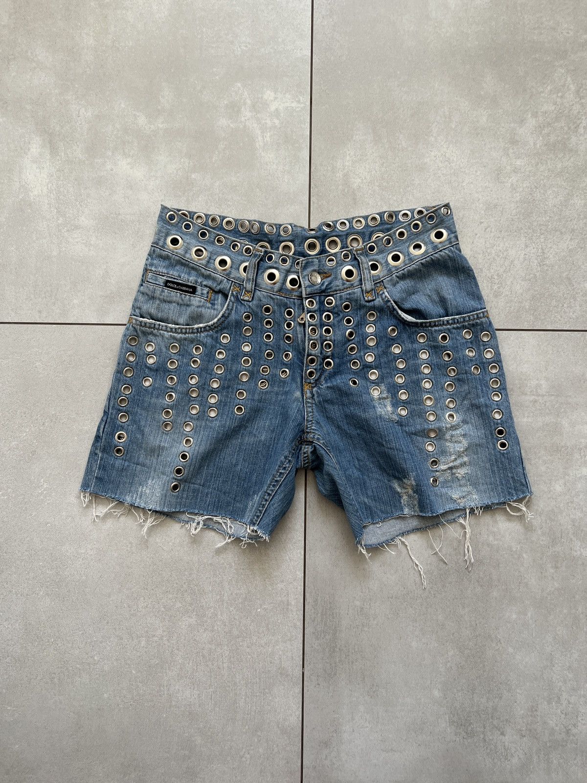 Image of Dolce Gabbana Dolce And Gabbana Eyelet Distressed Vintage Denim Shorts in Blue, Men's (Size 30)