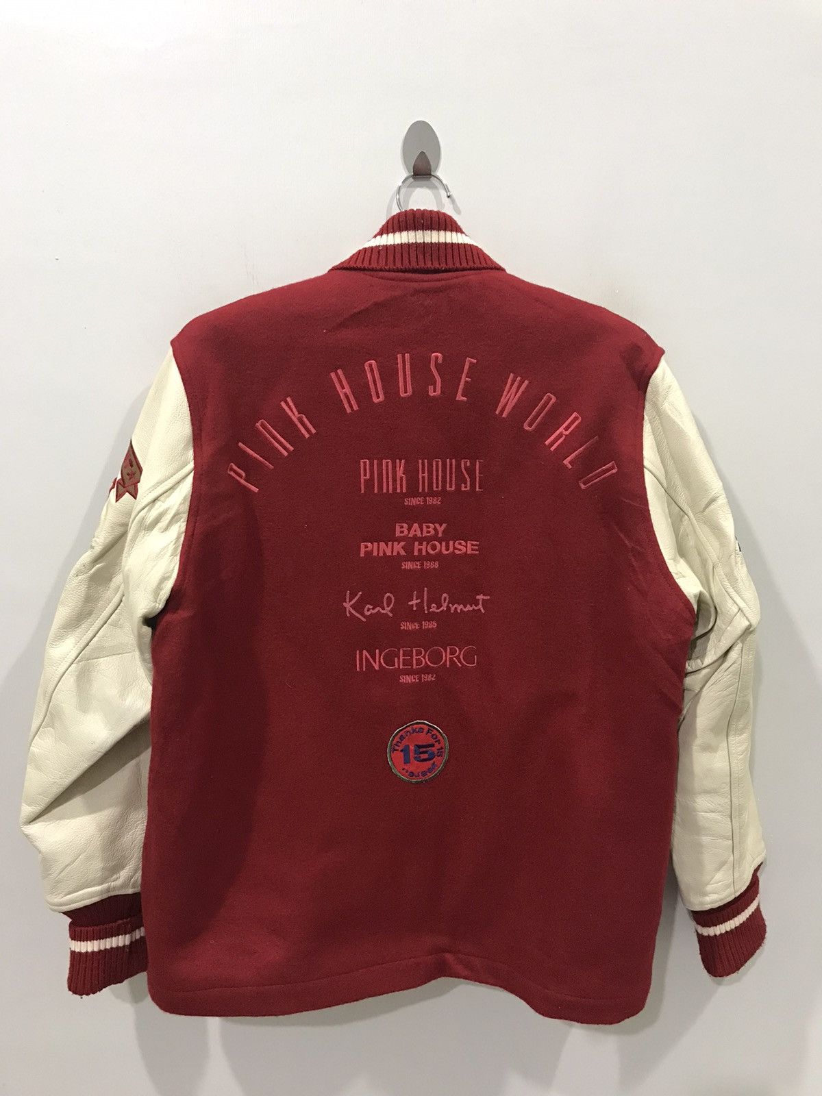 image of Karl Helmut Appreciation Varsity Jacket in Red Cream, Men's (Size Medium)