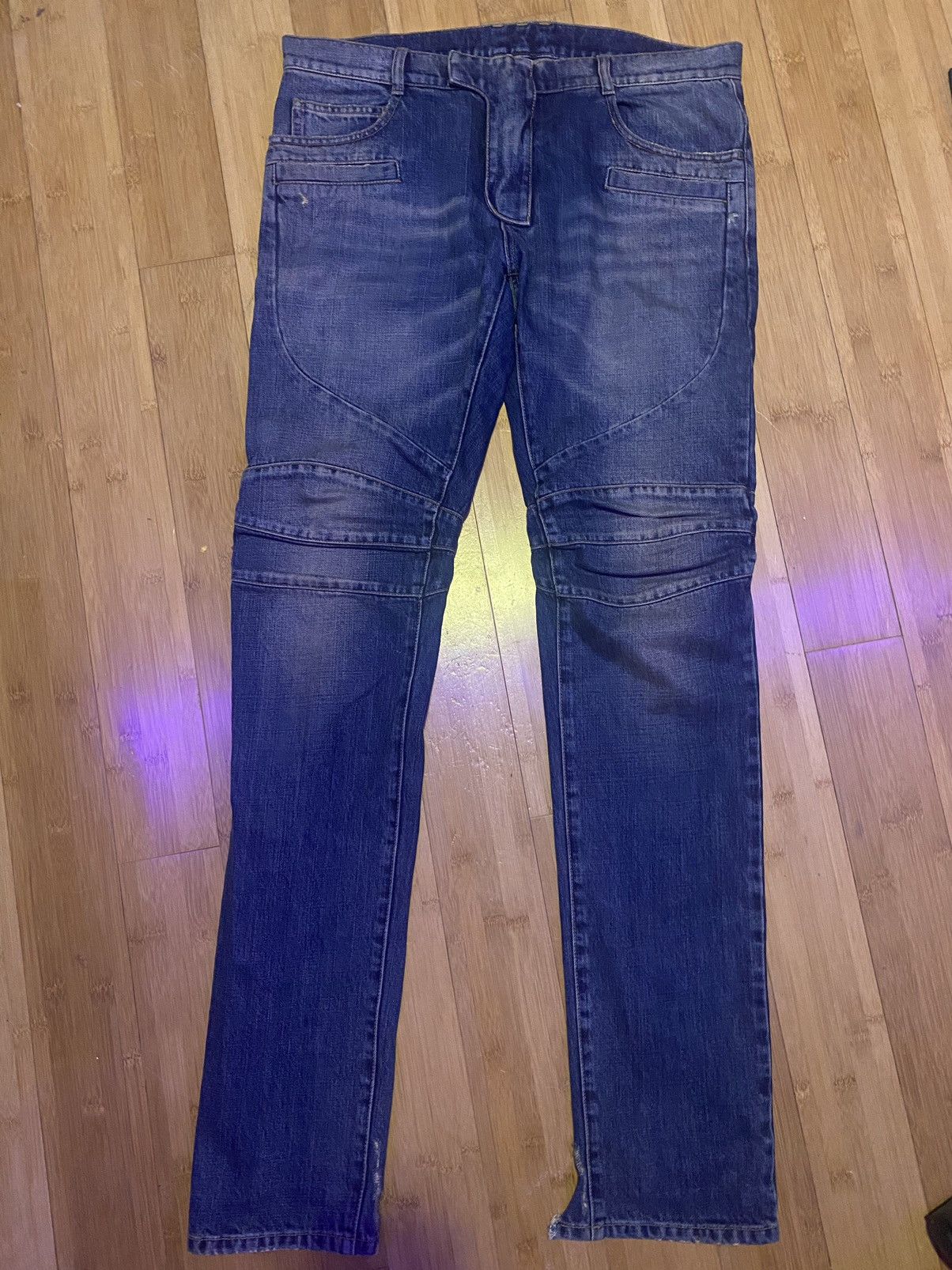 image of Balmain Biker Denim With Heel Blowouts in Navy Blue, Men's (Size 33)