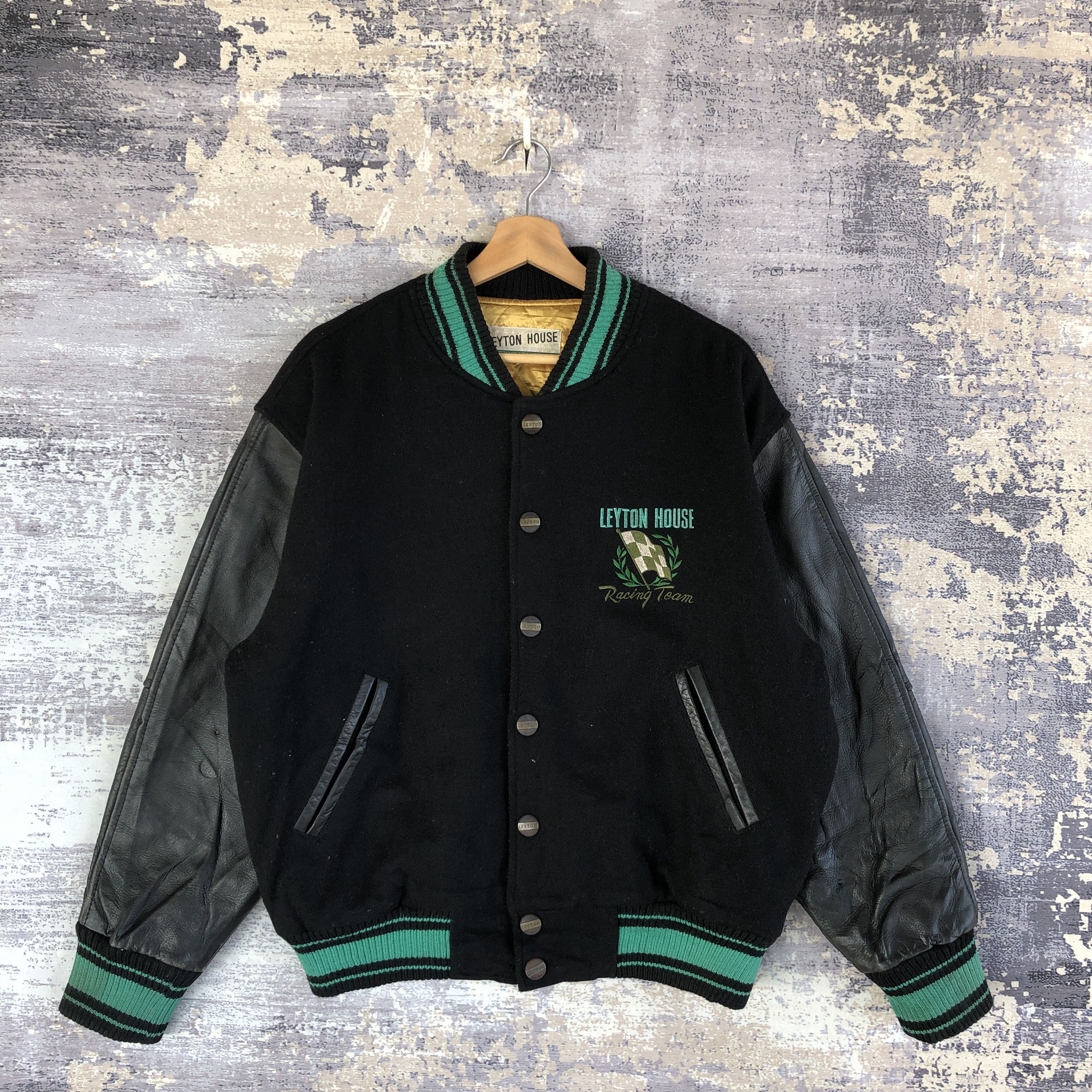Vintage Leyton House Varsity Jacket Leather Letterman Wool Jacket Size US XL / EU 56 / 4 - 2 Thumbnail
