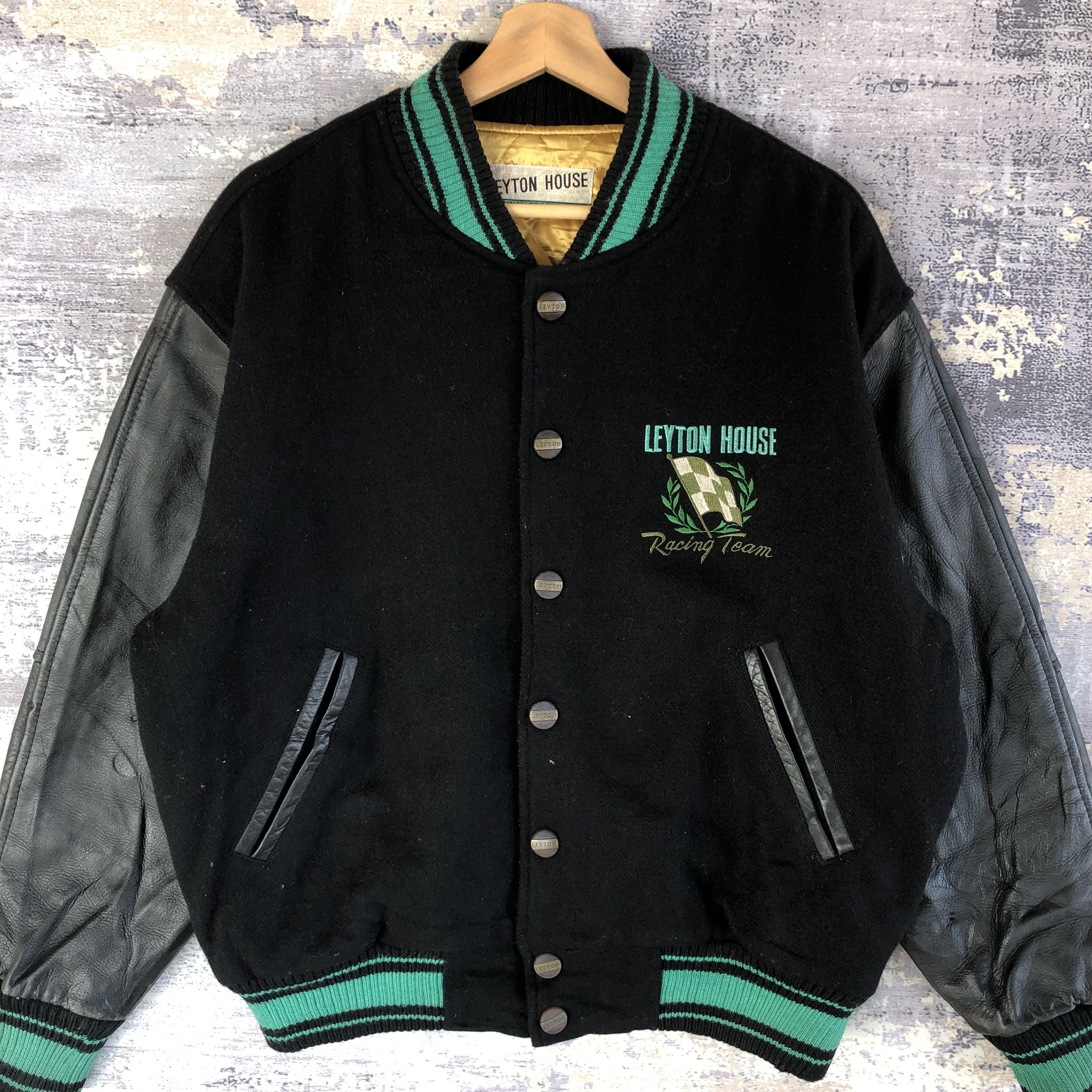 Vintage Leyton House Varsity Jacket Leather Letterman Wool Jacket Size US XL / EU 56 / 4 - 4 Thumbnail