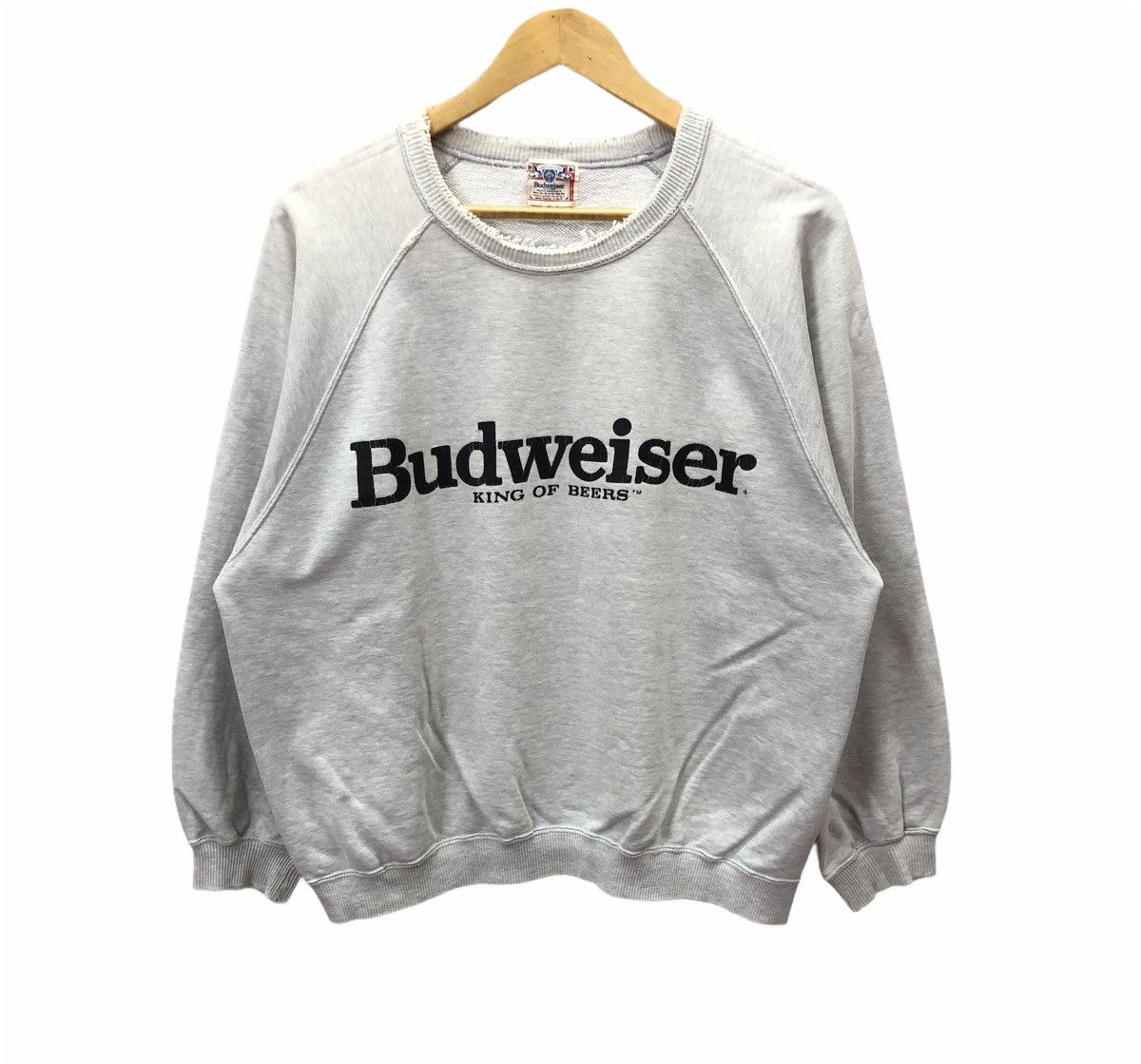 Sweat-shirt Vintage Budweiser Années 90 - Marque Lee, Taille L, Blanc, Motif Bière Grenouille, Occasion Bon état