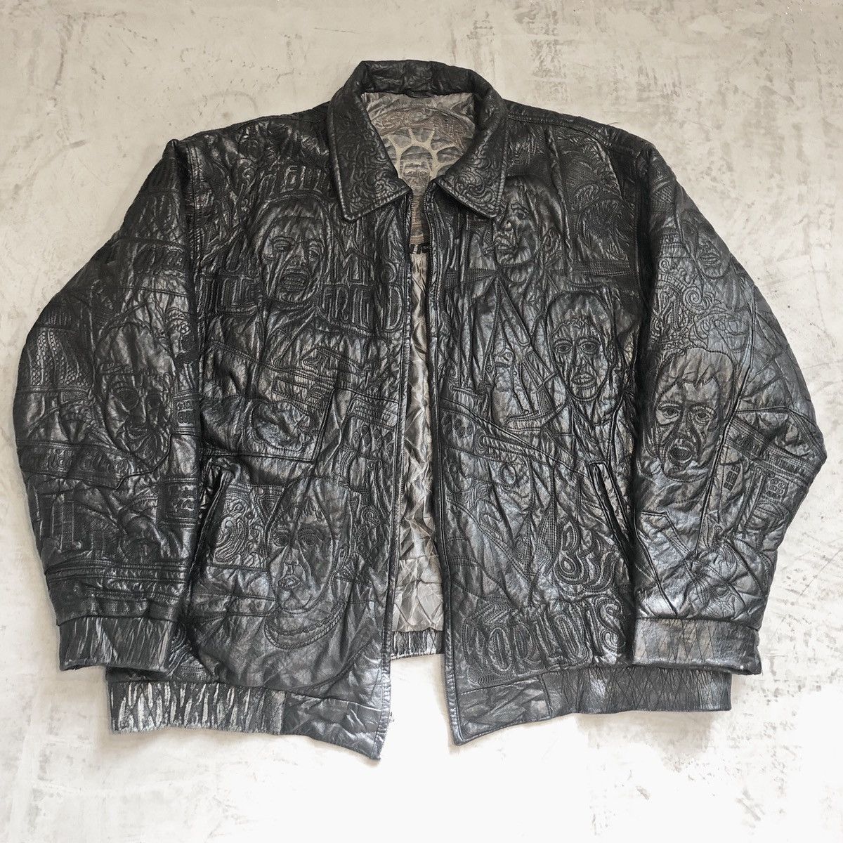 Vintage Black Leather Scarface All-over Embroidered Jacket XXL | Grailed