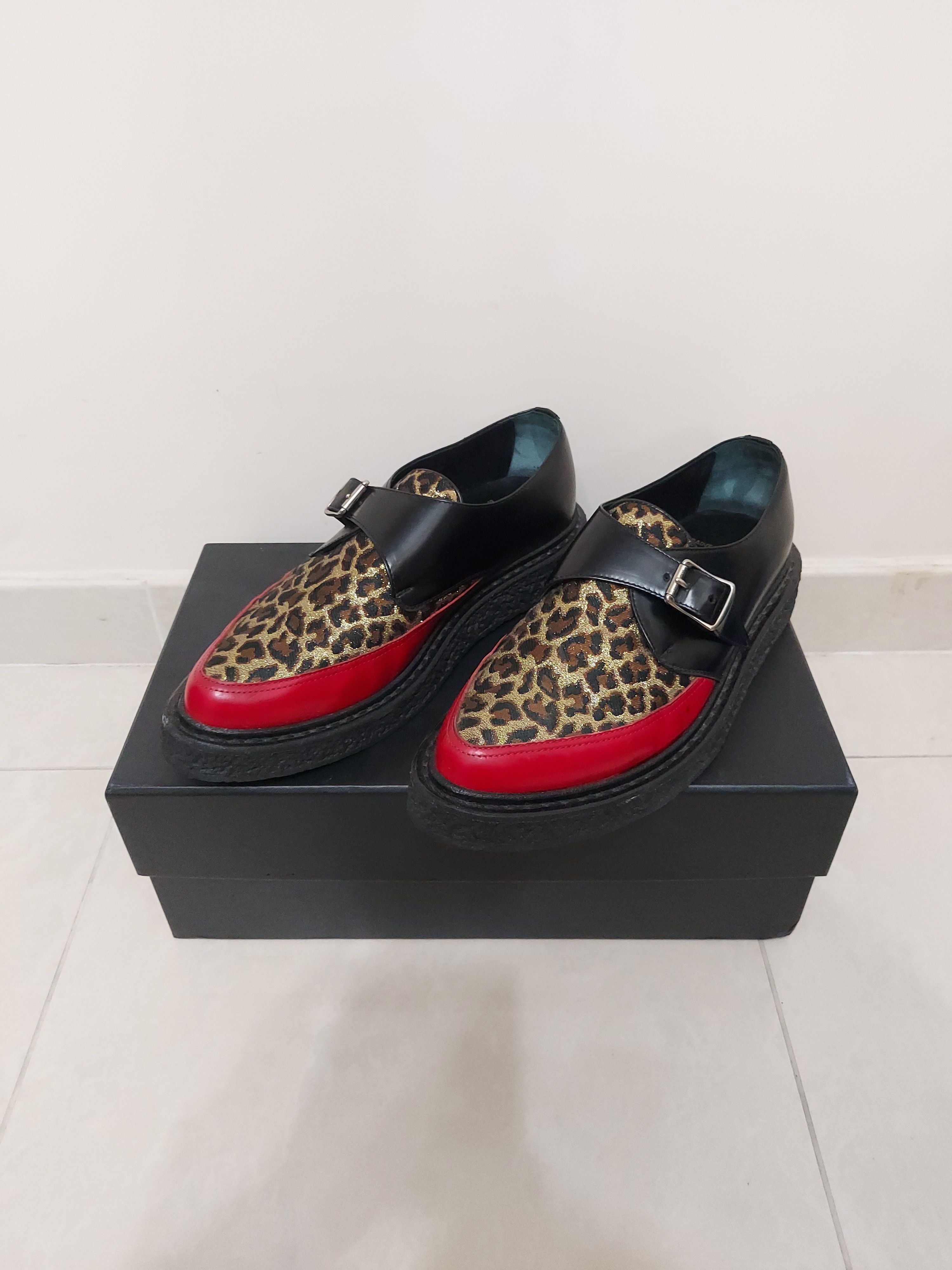 image of Hedi Slimane x Saint Laurent Paris Fw14 Aw14 Leopard Lurex Monk Black Red Creeper Shoes in Leopard 
